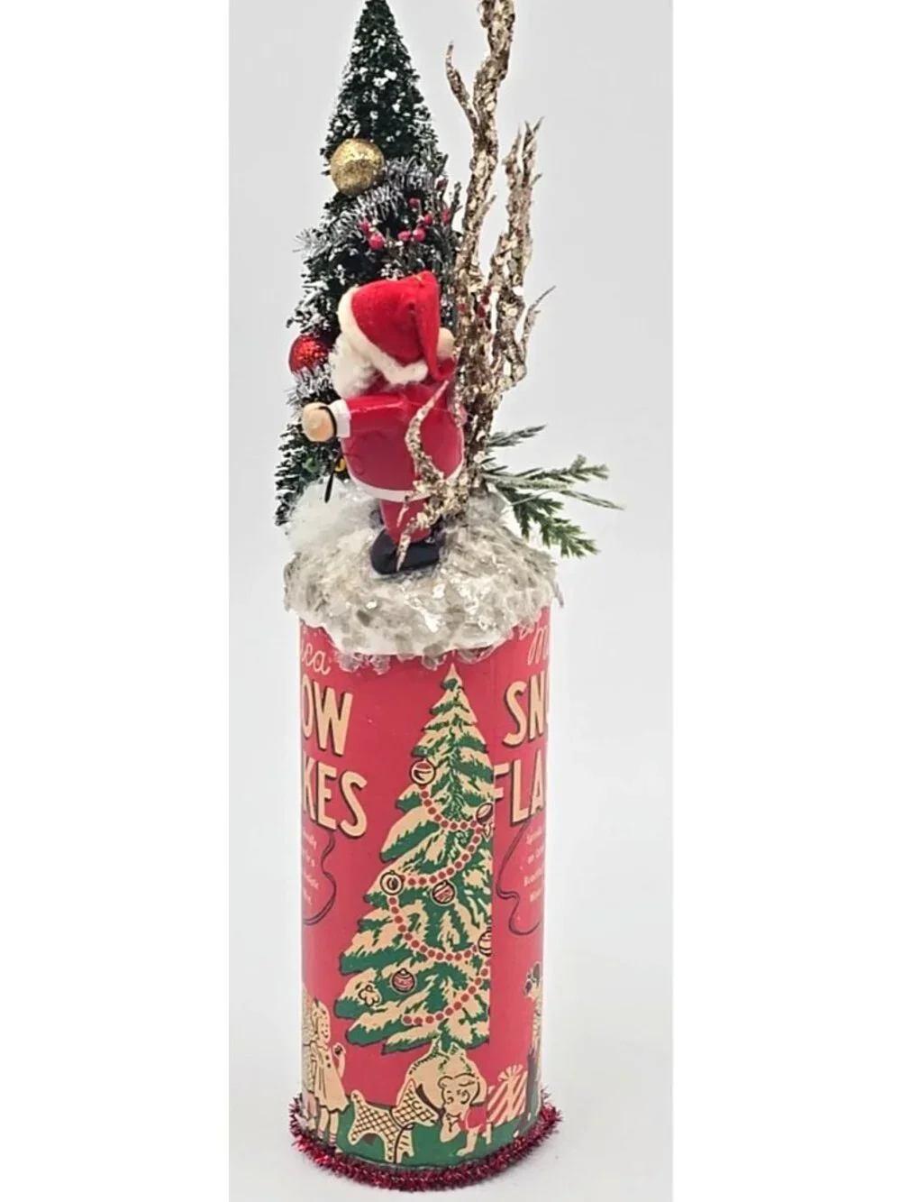 OOAK Christmas Assemblage Art Vtg Kitschy Bottle Brush Tree Wooden Santa Mica
